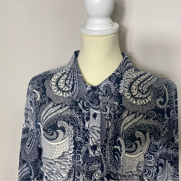 Talbots 100% Cotton Navy Blue Paisley Button Up Tunic Blouse Women's Size XL - Picture 11 of 16